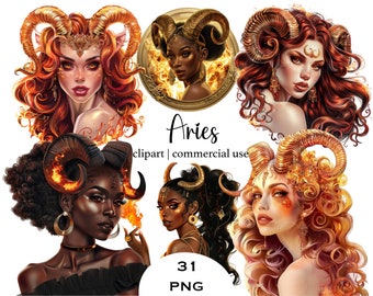 Aries Zodiac Goddess PNG Clipart – Ram Horn, Astrology Art (Digital Download)