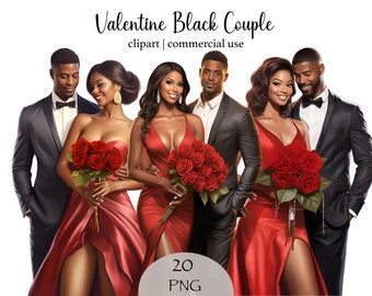 Clipart acquerello di San Valentino: coppia nera, vestito rosso, rose (download digitale PNG)