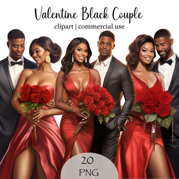 Watercolor Valentines Black Couple Clipart Bundle Red Dress Suit Black Couple Png Black Girl Png Clipart Couple Png Red Roses Bouquet Png