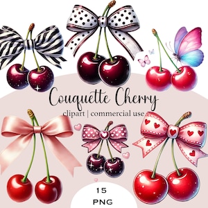 May include: A set of 15 digital clipart images featuring cherries with various bows and ribbons. The cherries are red and have green stems and leaves. The bows are in various colors and patterns, including black and white polka dots, pink with hearts, and pink with white polka dots. The text "Couquette Cherry" and "clipart | commercial use" is included in the image.