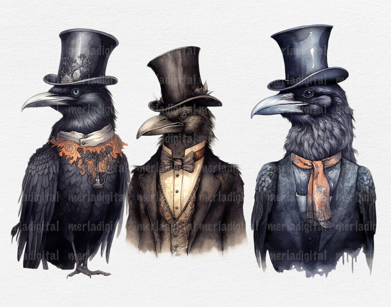 May include: Three ravens wearing top hats and dapper clothing. The raven on the left is wearing a black top hat with a gold trim and a scarf. The raven in the middle is wearing a black top hat with a white bow tie and a vest. The raven on the right is wearing a black top hat with a scarf and a vest.