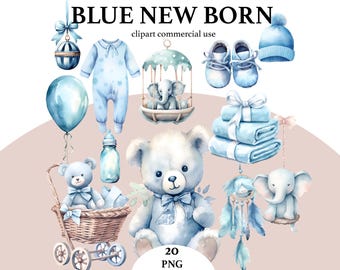 Blue Baby Clipart PNG Bundle | Watercolor Nursery Art (Digital Download)
