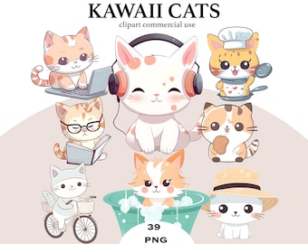 Kawaii Cat Clipart Bundle, Pastel Kitten Stickers (39 PNG) (Digital Download)
