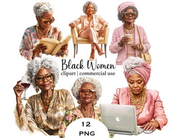 Old Black Woman Png Clipart Bundle Watercolor Black Women İmages Fashion Clipart Junk Journal Digital Sticker Commercial Use Download