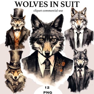 Puede incluir: Ilustraciones en acuarela de lobos con trajes, cada uno con una expresión y atuendo únicos. Las imágenes presentan lobos con esmóquines, trajes y sombreros de copa, con un estilo artístico vintage. El texto "WOLVES IN SUIT" es visible.