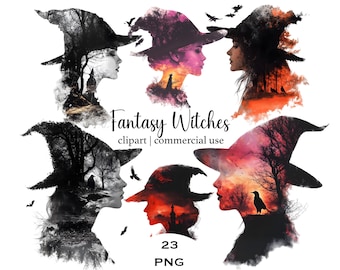 Imágenes prediseñadas de brujas de Halloween / Imágenes PNG de fantasía en acuarela (descarga digital)
