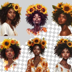 May include: Digital art featuring six portraits of women with dark skin and curly hair, each adorned with a vibrant sunflower crown. The women wear various outfits, including a white top, a floral shirt, and a white dress. Gold hoop earrings and necklaces are also visible.