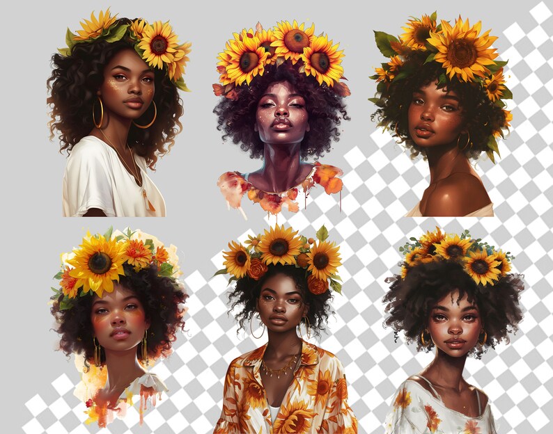 May include: Digital art featuring six portraits of women with dark skin and curly hair, each adorned with a vibrant sunflower crown. The women wear various outfits, including a white top, a floral shirt, and a white dress. Gold hoop earrings and necklaces are also visible.