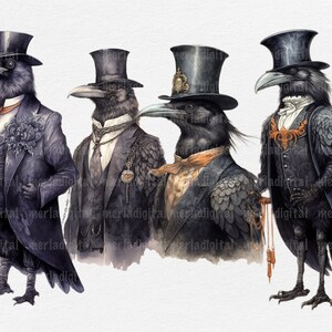 May include: Four crows dressed in Victorian-era attire, wearing top hats and suits. The crows are depicted in a watercolor style with intricate details.