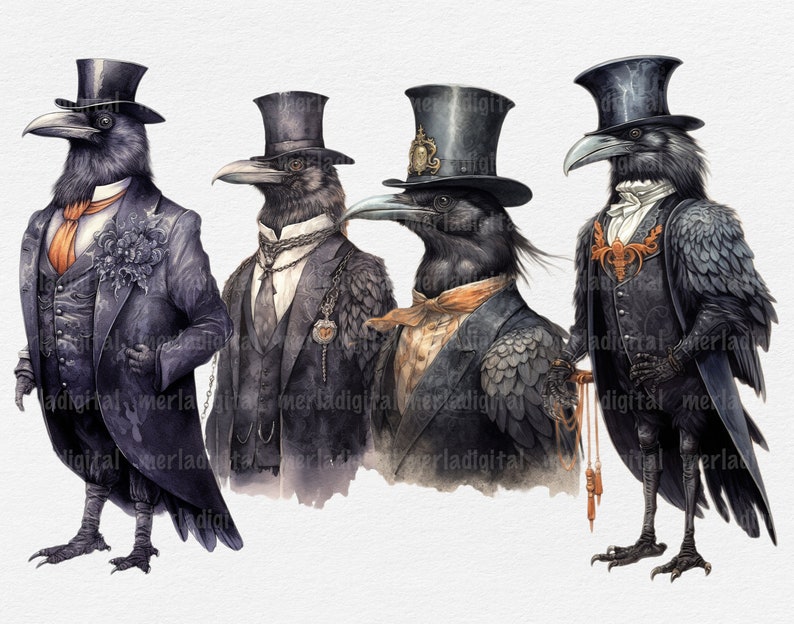 May include: Four crows dressed in Victorian-era attire, wearing top hats and suits. The crows are depicted in a watercolor style with intricate details.