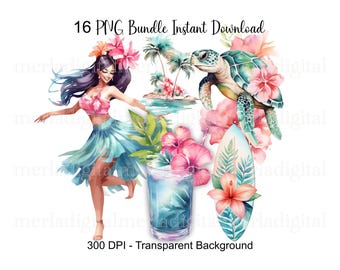 Tropical PNG Bundle, Summer Beach Clipart, Hula Girl, Turtle, Surfboard (Digital Download)