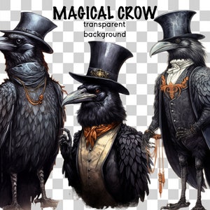 May include: Three black crows wearing top hats and formal attire. The crows are standing on a transparent background. The text "MAGICAL CROW" and "transparent background" is above the crows.