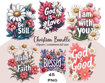 Puede incluir: Un conjunto de 45 imágenes digitales de clipart que presentan arreglos florales con citas cristianas inspiradoras. Las citas incluyen "Estate quieto", "Camina por fe", "Dios es amor", "Dios es bueno", "Bendito", y "Estoy contigo".