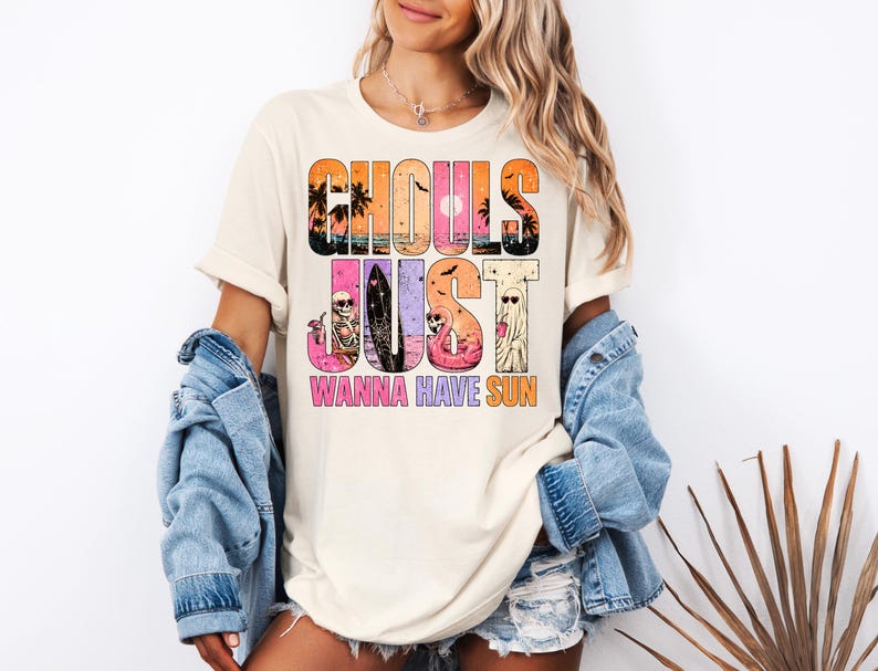 Summerween PNG featuring beach ghosts, skeleton, flamingo float, surfboard, tropical sunset, palm trees and pastel Halloween aesthetic on transparent background.