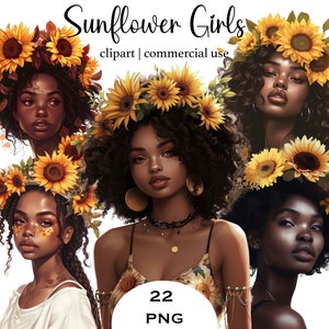 Bundle PNG tournesol filles - 22 cliparts femme afro bohème, sublimation d'été, graphique T-shirt Festival, téléchargement numérique commercial