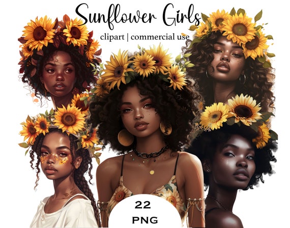 Sunflower Afro Women Clipart – Boho Summer PNG Bundle (Digital Download)
