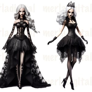 May include: Two fashion dolls with white hair and black clothing. One doll is wearing a black lace dress with a long train and a crown. The other doll is wearing a black lace dress with a shorter skirt and a black choker.