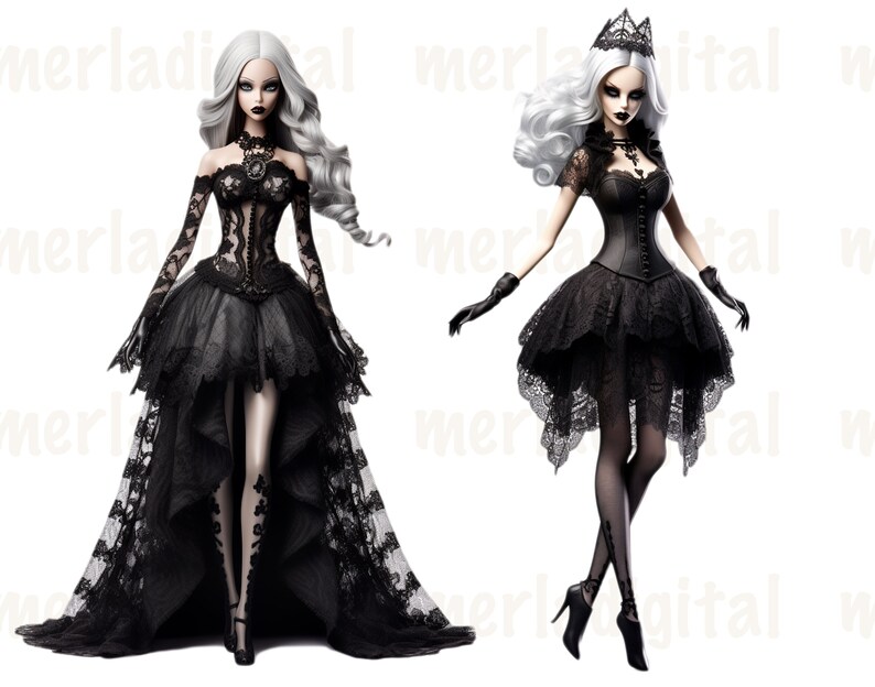 May include: Two fashion dolls with white hair and black clothing. One doll is wearing a black lace dress with a long train and a crown. The other doll is wearing a black lace dress with a shorter skirt and a black choker.