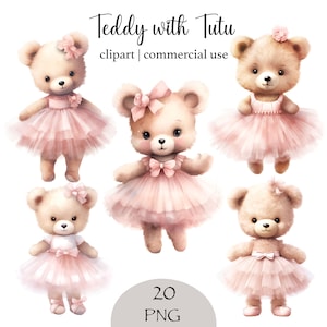 Bundle de cliparts chambre d'enfant ours en peluche rose imprimable aquarelle ours Tutu PNG clipart ours en peluche baby shower clipart