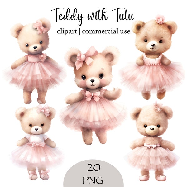 Baby Bear Nursery Clipart Pink Teddy Bear Printable Watercolor Bear Tutu PNG bundle teddy bear clipart Teddy bear Baby shower clipart