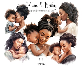 Black Mom and Baby Watercolor Clipart Bundle (Digital Download)