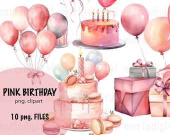 Aquarell rosa Geburtstag Clipart, Kuchen, Luftballons (digitaler Download)