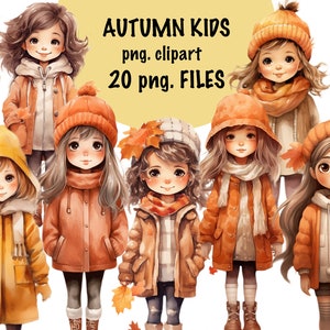 Jesienne dzieci słodkie akwarele Clipart, Jesienne liście dzieci Clipart PNG, Dzieci Clipart, Papierowe rzemiosło, Dziennik śmieci, Scrapbooking, Jesienne dziewczyny na wakacje