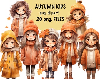 Watercolor Autumn Kids Clipart, Fall Leaves PNG (Digital Download)
