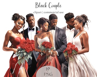 Clipart di coppia nera ad acquerello, matrimonio e San Valentino PNG (download digitale)