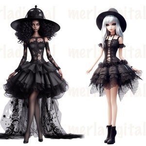 May include: Two fashion dolls wearing black gothic-style dresses with lace detailing. One doll has black hair and a wide-brimmed hat, while the other has white hair and a smaller hat.