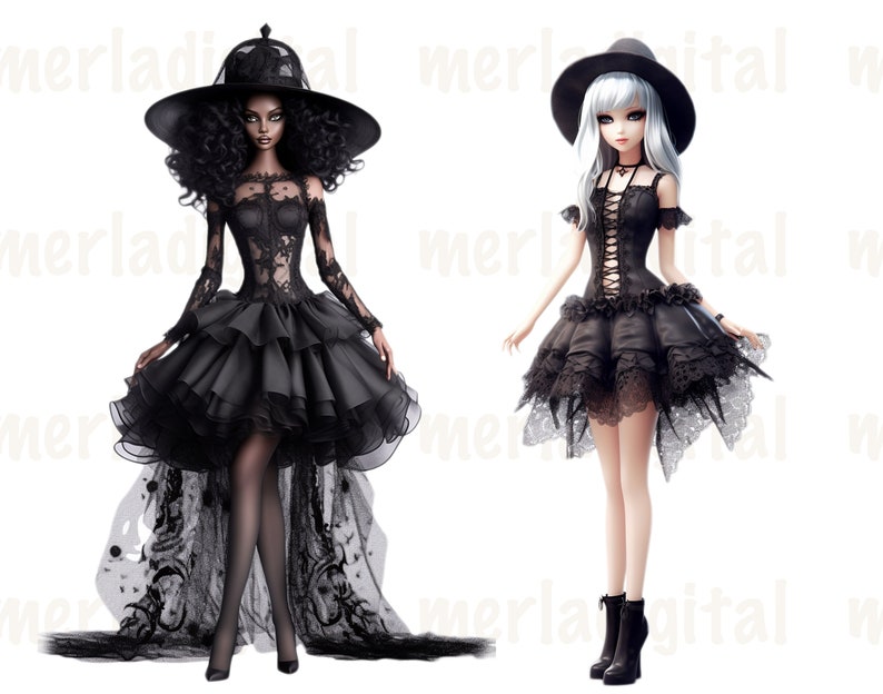 May include: Two fashion dolls wearing black gothic-style dresses with lace detailing. One doll has black hair and a wide-brimmed hat, while the other has white hair and a smaller hat.