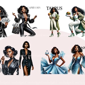 Puede incluir: Ilustraci&oacute;n digital de diez signos del zod&iacute;aco, cada uno representado por una mujer con un atuendo y una pose diferentes. Los signos son: Capricornio, Tauro, Acuario, Escorpio, Virgo, G&eacute;minis, C&aacute;ncer, Leo, Libra y Sagitario.