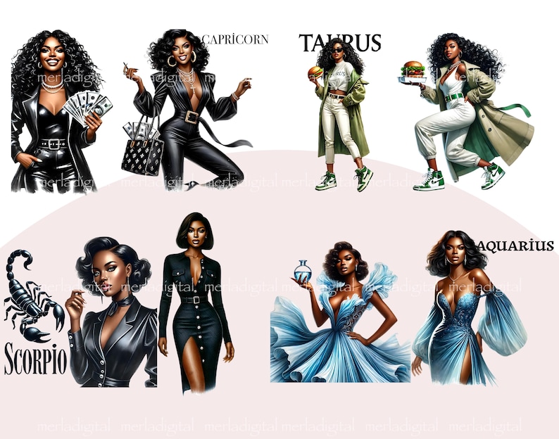 Puede incluir: Ilustraci&oacute;n digital de diez signos del zod&iacute;aco, cada uno representado por una mujer con un atuendo y una pose diferentes. Los signos son: Capricornio, Tauro, Acuario, Escorpio, Virgo, G&eacute;minis, C&aacute;ncer, Leo, Libra y Sagitario.