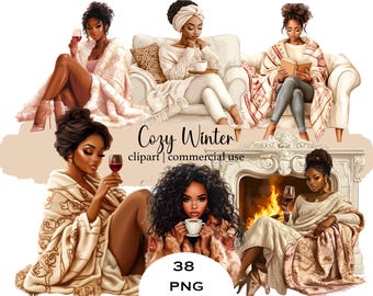 Cozy Winter Black Girl Clipart Bundle: Watercolor Christmas PNG (Commercial Use)