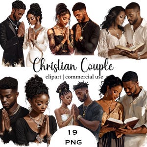Paquete de imágenes PNG de pareja cristiana, 19 imágenes de oración y de la Biblia, sublimación de fe negra, diseño de camisetas, descarga digital para uso comercial