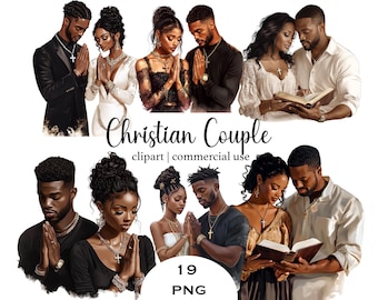Christian Couple Clipart PNG Bundle, 19 Praying & Bible Clipart, Black Faith Sublimation, T-Shirt Design, Commercial Use Digital Download