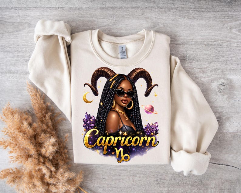 Black woman Capricorn zodiac illustration PNG for T-shirt printingZodiac Capricorn shirt design high resolution PNG