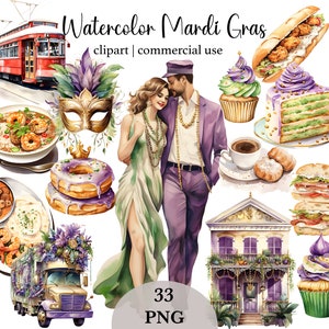 Mardi Gras aquarelle Bundle Clipart PNG La Nouvelle-Orléans graphiques King Cake Clipart mascarade Clip Art Fleur de lys graphique Png Carnaval