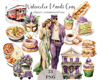 Watercolor Mardi Gras Clipart Bundle, New Orleans Carnival Graphics (PNG)