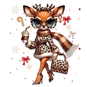 Può includere: Illustrazione di un cervo alla moda con occhiali da sole, cappotto leopardato, sciarpa e tacchi alti. Il cervo tiene in mano una tazza di caffè e una borsa, con un bastoncino di zucchero e fiocchi sullo sfondo. L'immagine ha un tema di vacanza invernale.