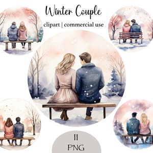 Paquete de imágenes prediseñadas de pareja de acuarela Amor de invierno Parejas románticas Acuarela png Paquete Amor Pareja romántica Invierno San Valentín Clipart