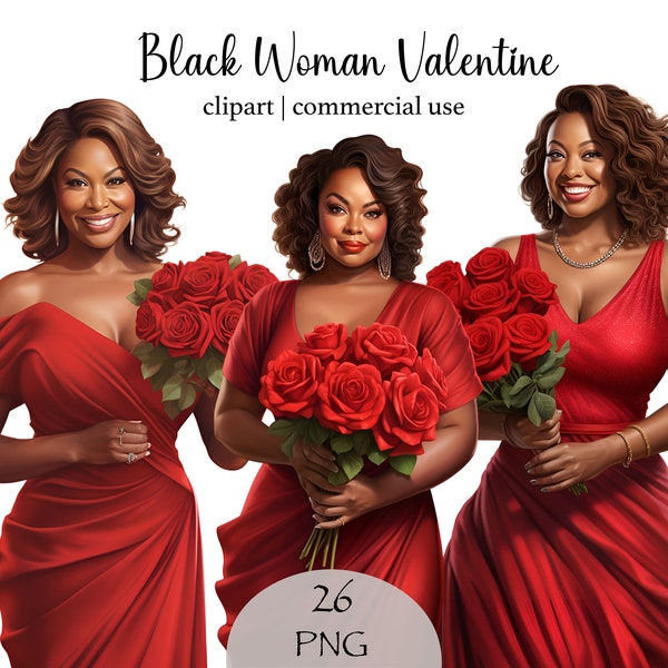 Black Women Clipart Valentine Png Clipart Bundle Red Dress Clipart Middle Age Women Digital Women of Color pngs Planner Sticker Rose Bouquet