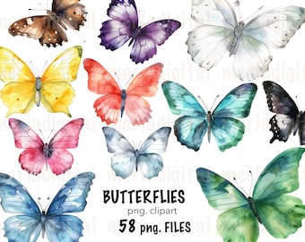 Paquete de imágenes prediseñadas de mariposas en acuarela, ilustraciones coloridas (descarga digital)