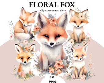 Watercolor Floral Fox Clipart | Nursery Art PNG (Digital Download)