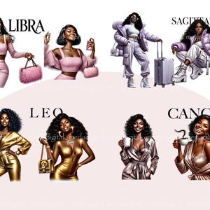 Puede incluir: Ilustraci&oacute;n de seis signos del zod&iacute;aco, cada uno con una mujer que lleva un atuendo diferente y sostiene un objeto. Los signos son Libra, Sagitario, Leo, C&aacute;ncer, Virgo y Capricornio.
