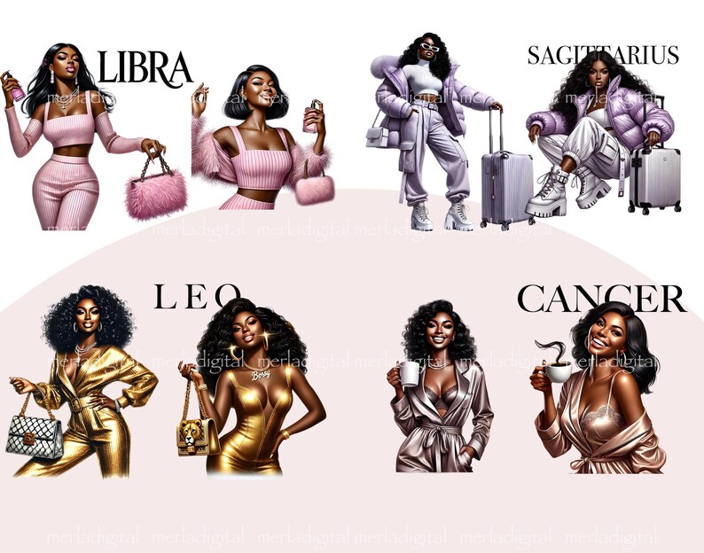Puede incluir: Ilustraci&oacute;n de seis signos del zod&iacute;aco, cada uno con una mujer que lleva un atuendo diferente y sostiene un objeto. Los signos son Libra, Sagitario, Leo, C&aacute;ncer, Virgo y Capricornio.