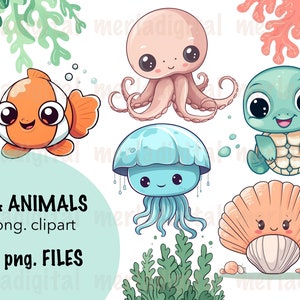 Unterwasser Kawaii Tiere Clipart, Kinderzimmer niedlich Dekor, Clownfisch, Muschel, Oktopus, Qualle, niedliche Ozean Tiere png, Baby Shower printable
