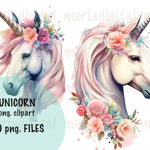 Watercolor Unicorn Flowers Clipart, Magical Fantasy clip art, Graphics PNG, clip art Instant Download for Commercial Use
