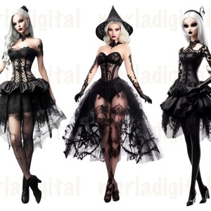 May include: Three dolls dressed in black lace and tulle gowns. The dolls have white hair and are wearing black hats. The dolls are standing on a white background.