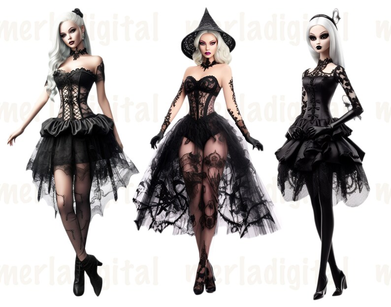 May include: Three dolls dressed in black lace and tulle gowns. The dolls have white hair and are wearing black hats. The dolls are standing on a white background.